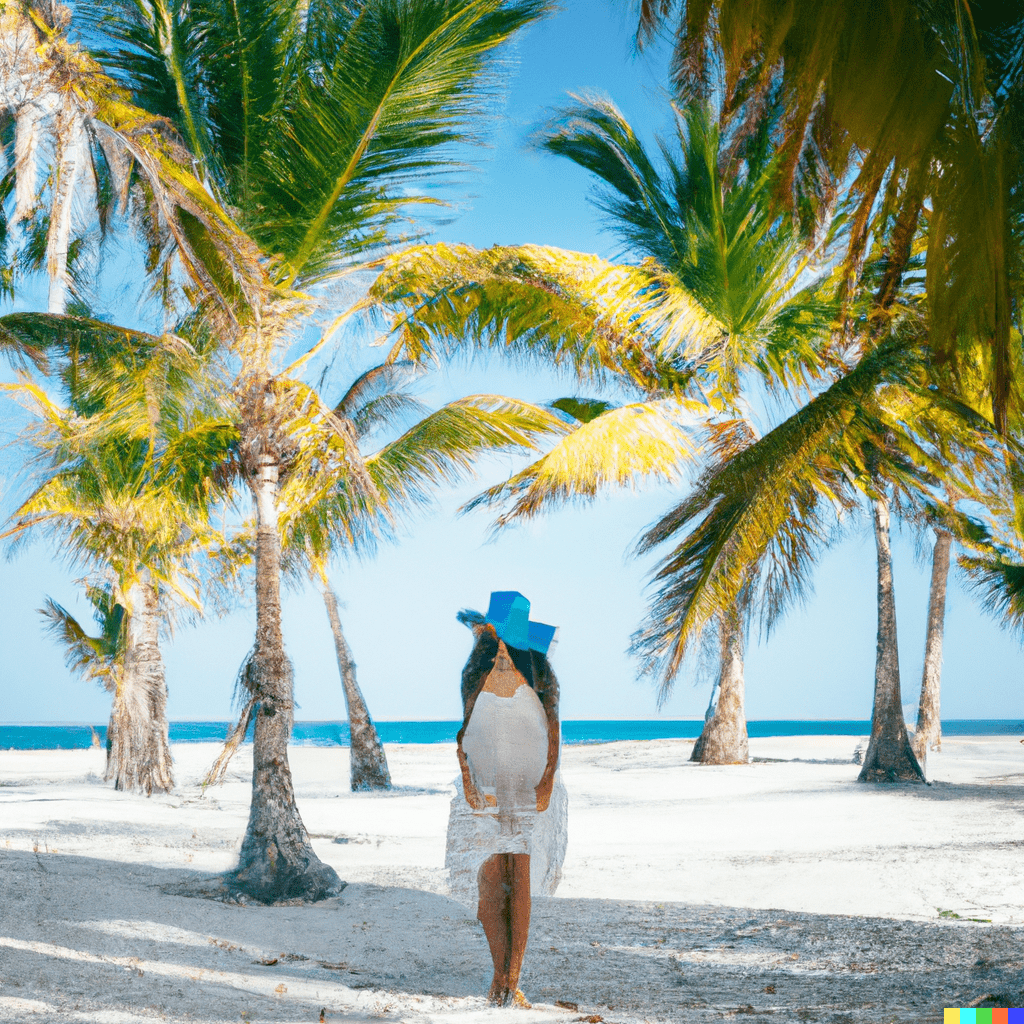 dívka na pláži s palmami